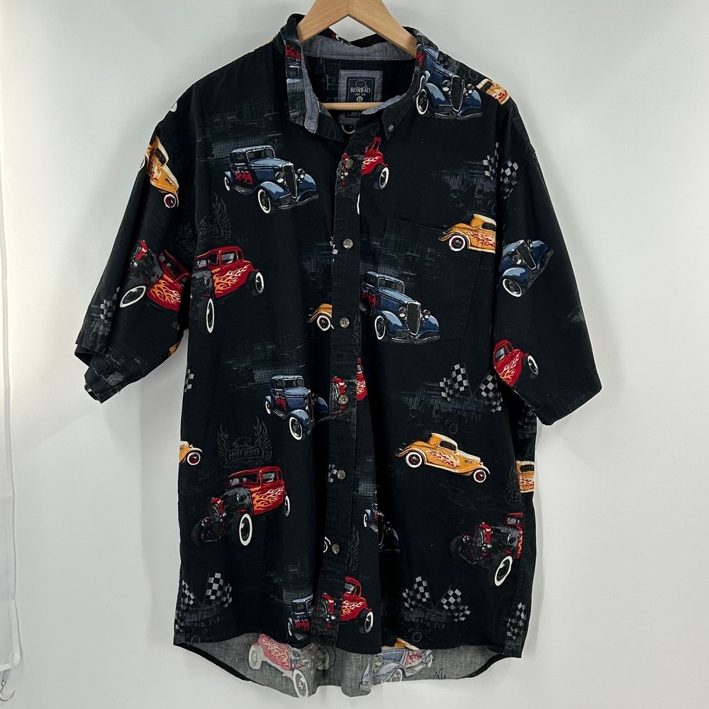 RedHead Mens XL Black Hot Rod Car Print Cotton Short Sleeve Button Down Shirt